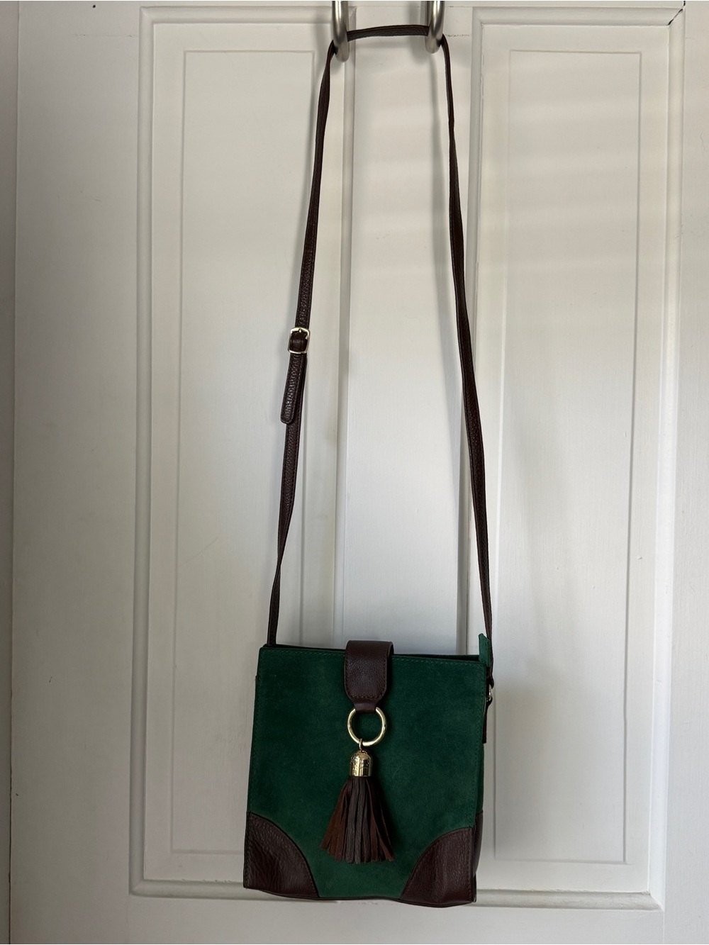 Talbots Green Suede Crossbody Bag Brown Leather Accents Tassel Gold Hardware